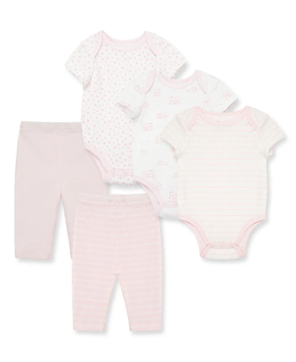 Little Me 5 Piece Bodysuit Pant Set - Pink