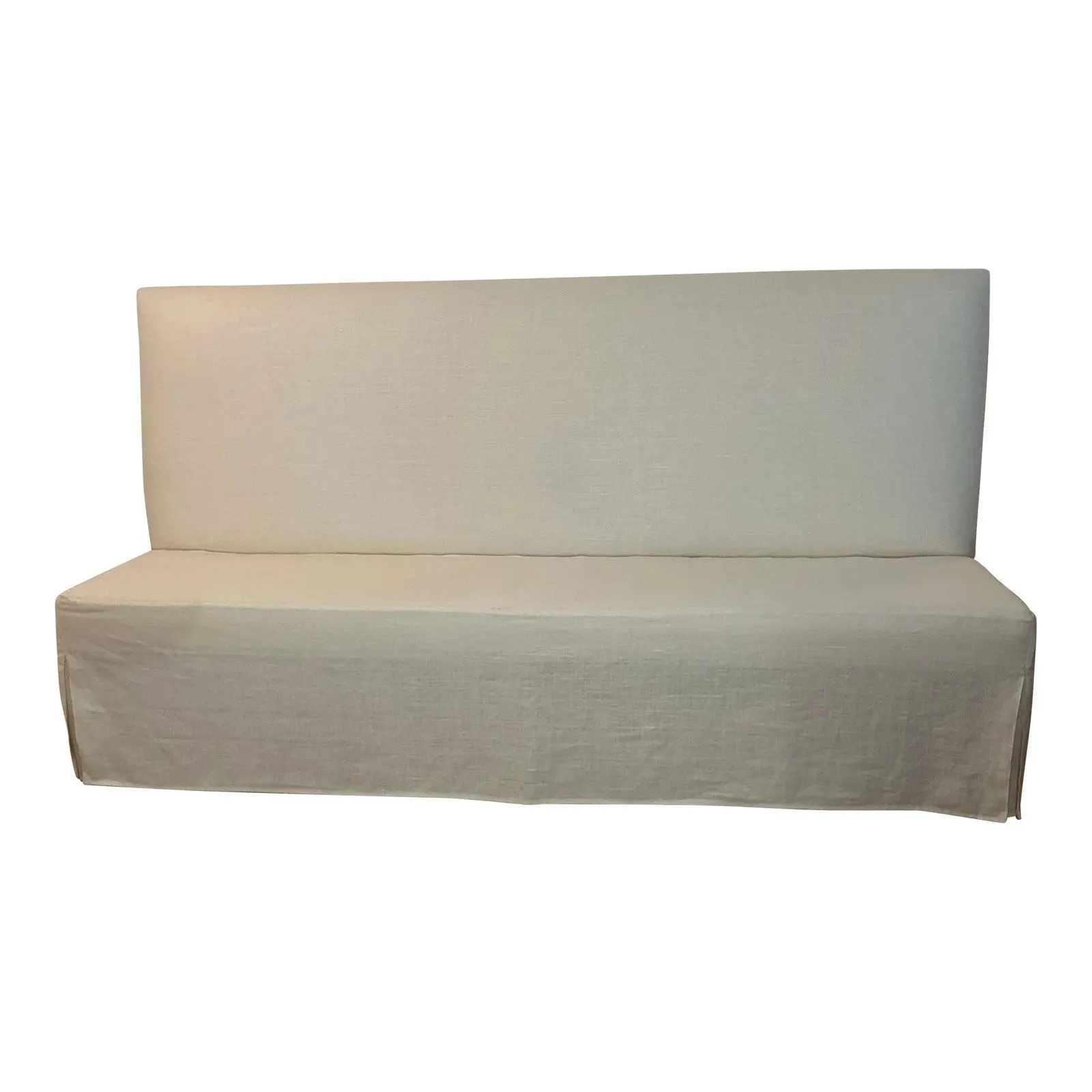 Linen Covered Bench With Blond Wood Frame 7 Feet Long