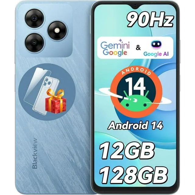 Blackview Unlocked Cell Phones Wave 8 4GB RAM 128GB ROM Octa-core GSM 4G LTE Smartphone Dual SIM , 6.5" HD+ 90Hz, Blue