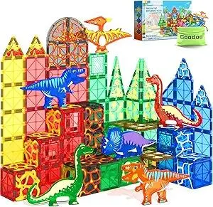 102PCS Dinosaur Toys Magnetic Tiles with 8 Dinosaurs - Jurassic Scenes Dinosaur World Adventure Set, Magnetic Blocks Kids Toys for Boys & Girls Ages 3+, Sensory Toddler Creative Kids Games Gifts