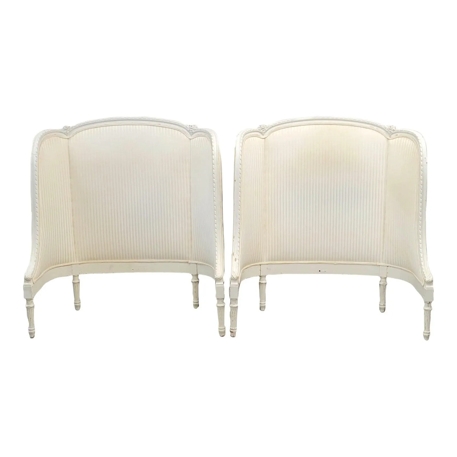 Pair of Antique French Curved Twin Headboards With Ivory Sateen Upholstery