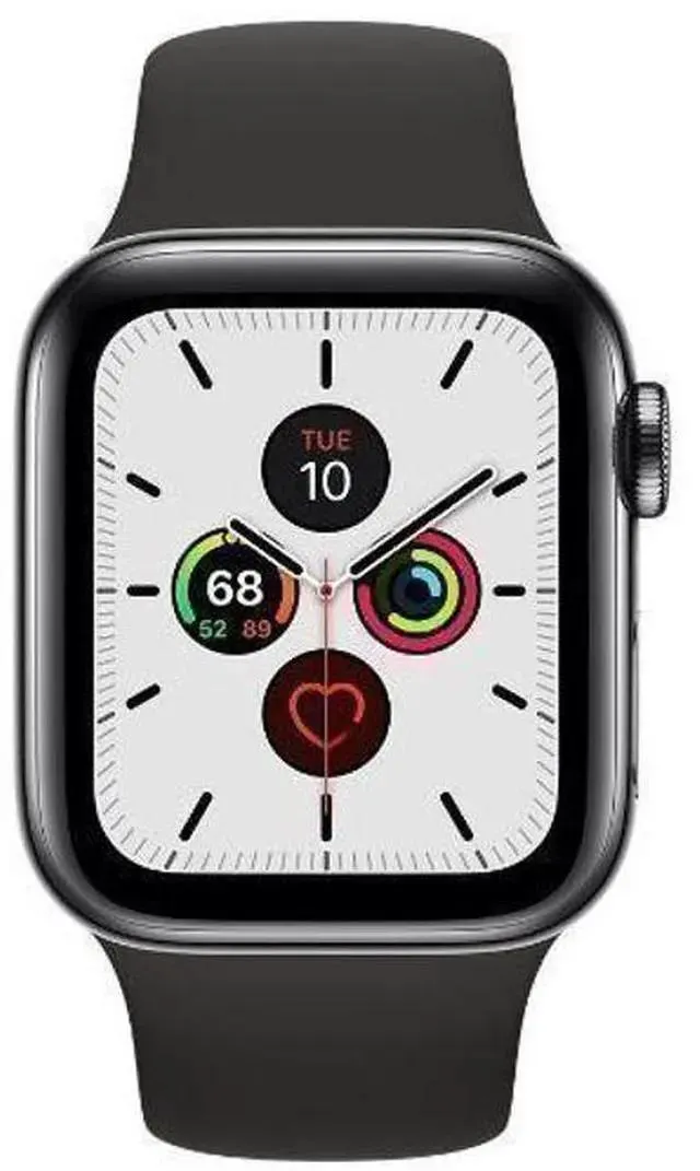 Apple Watch Series 5 - 32GB - Cellular + GPS - 44mm - Space Black - Stainless Steel - Black - Sport Band - Rubber - Excellent (Grade A)