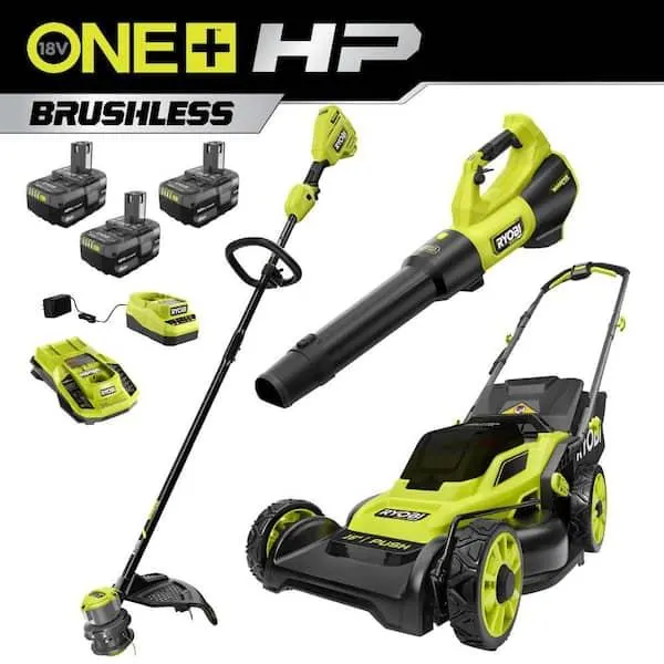 ONE+ HP 18V Brushless 16 in. Cordless Battery Push Lawn Mower, String Trimmer & Blower w/(3) Batteries & (2) Chargers