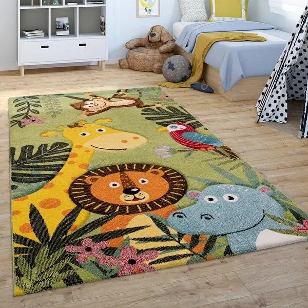 Kids Rug with Jungle Animal Motif in Green
