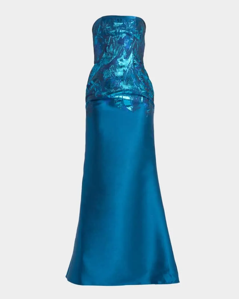 Floral Embroidered Strapless Gown with Shawl