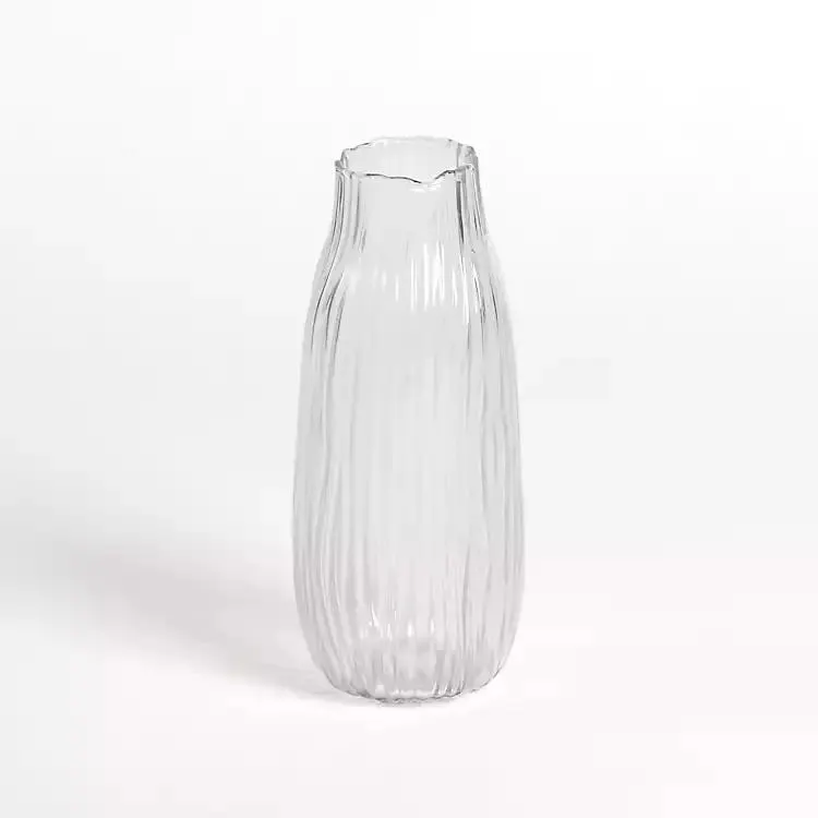 Clear Glass Wavy Ribbed Vase, 10.25 in.
