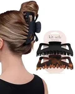Kitsch 5 Inch Large Claw Clips for Thick and Long Hair | Strong Grip Jumbo Claw Clip for All-Day Hold | 2pcs Matte Oversized Hair Accessories - Black & Tortoise Design