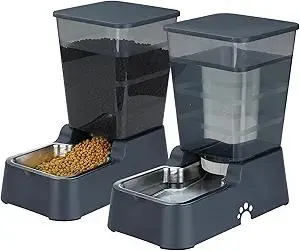 Automatic 5.4L/1.4Gal Pet Waterer, Automatic Dog Water Dispenser Gravity Stainless Steel Water Feeder, Large Capacity Feeding Bowls for Cats and Medium & Large-Sized Dogs (Black, Food+Water)