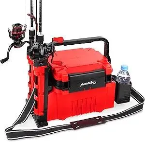 MadBite By KastKing RigHub Portable Tackle Storage Box, Adjustable Rod Holder, Cup Holder, Removable Dividers, Ideal for Fishing Lures and Gear Storage, Kayak Fishing, Ice Fishing