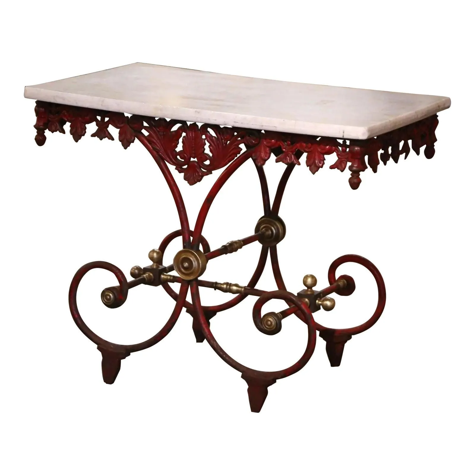 18th Century French Marble Top Red Painted Iron Pastry Table With Bronze Mounts