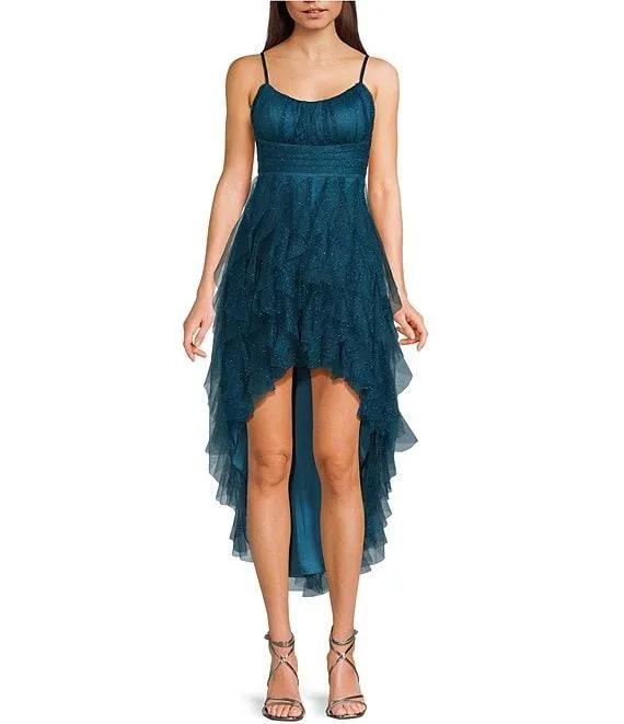 Glitter Mesh Tulle Corkscrew High-Low Dress
