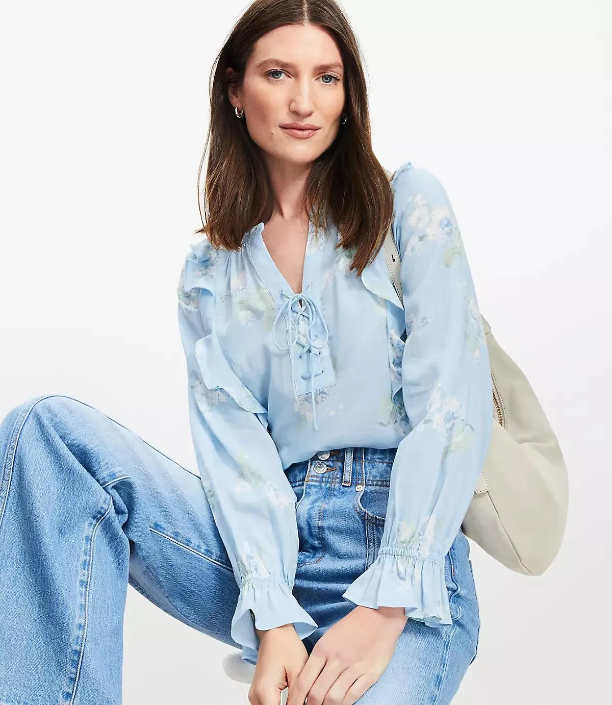 Floral Lace Up Ruffle Blouse