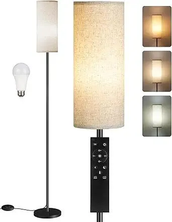 Dimmable Floor Lamp for Living Room with Remote and Foot Switch, Corner Floor Lamp for Bedroom, Modern Standing Tall Lamp, 10W 900LM LED Bulb Included, 3000K-6500K, Linen Shade, FCC Listed E06LD05W1