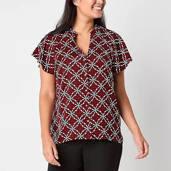Liz Claiborne Womens Split Crew Neck Short Sleeve Satin Blouse