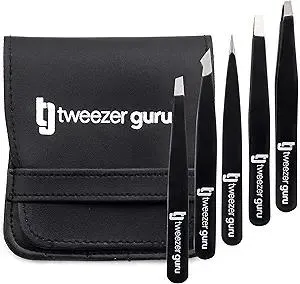 Tweezers Set 5-piece - Tweezer Guru Stainless Steel Slant Tip and Pointed Eyebrow Tweezer Set - Great Precision for Facial Hair, Ingrown Hair, Splinter and Blackhead Remover (Black) (5-Pack)