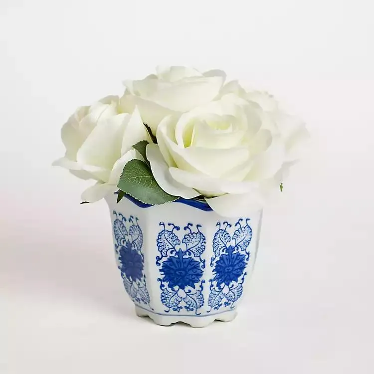 White Rose Arrangement in Toile Vase