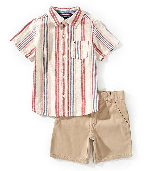 Little Boys Short Sleeve Striped Woven Shirt & Solid Woven Shorts Set