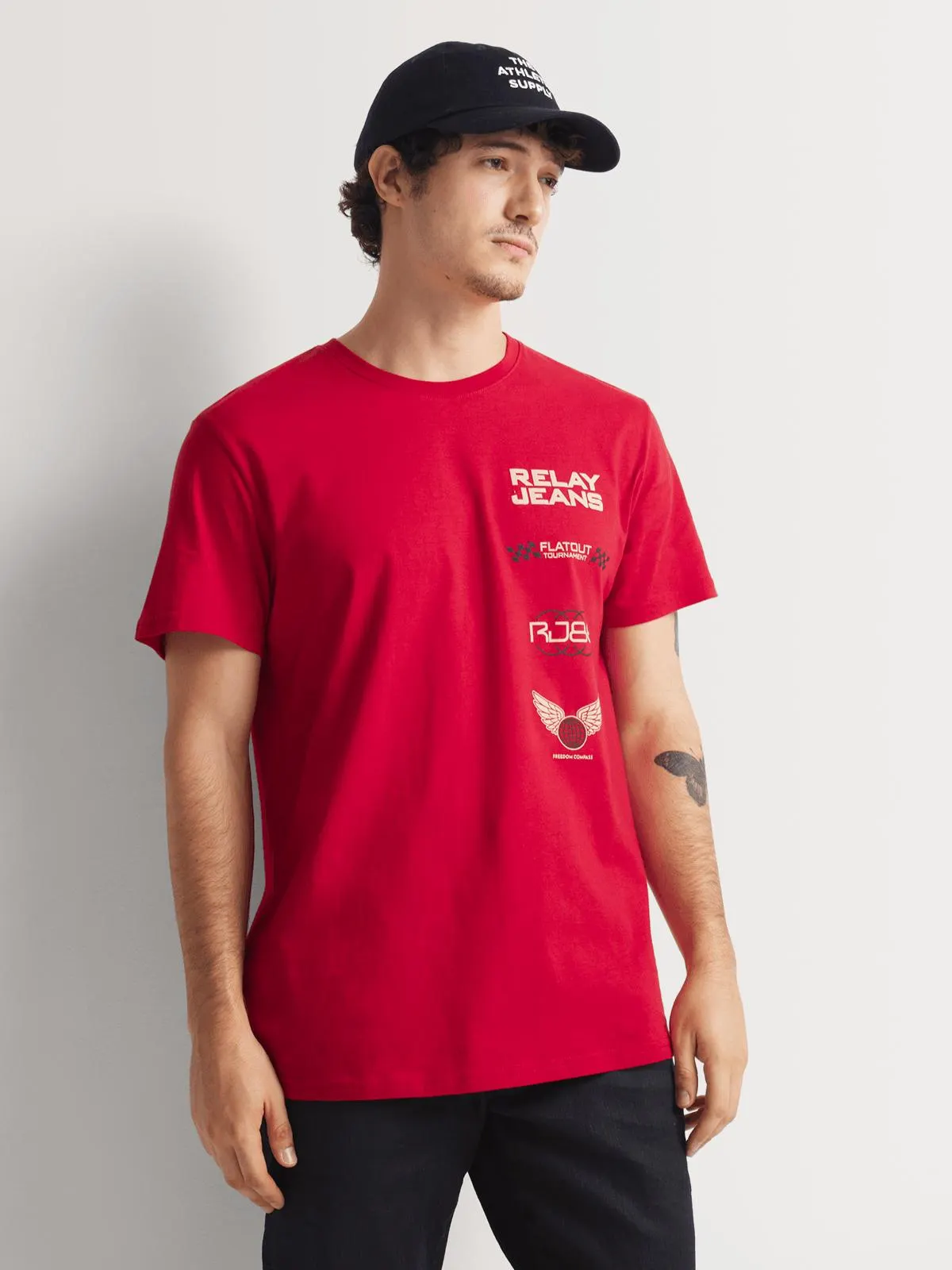Relay Jeans Men's Slimfit Racer Side Print Red Graphic T-Shirt