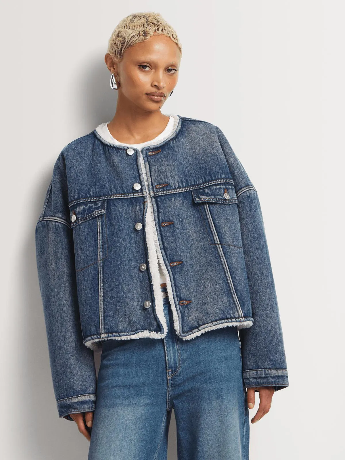 FF Denim Collarless Sherpa Lined Denim Jacket