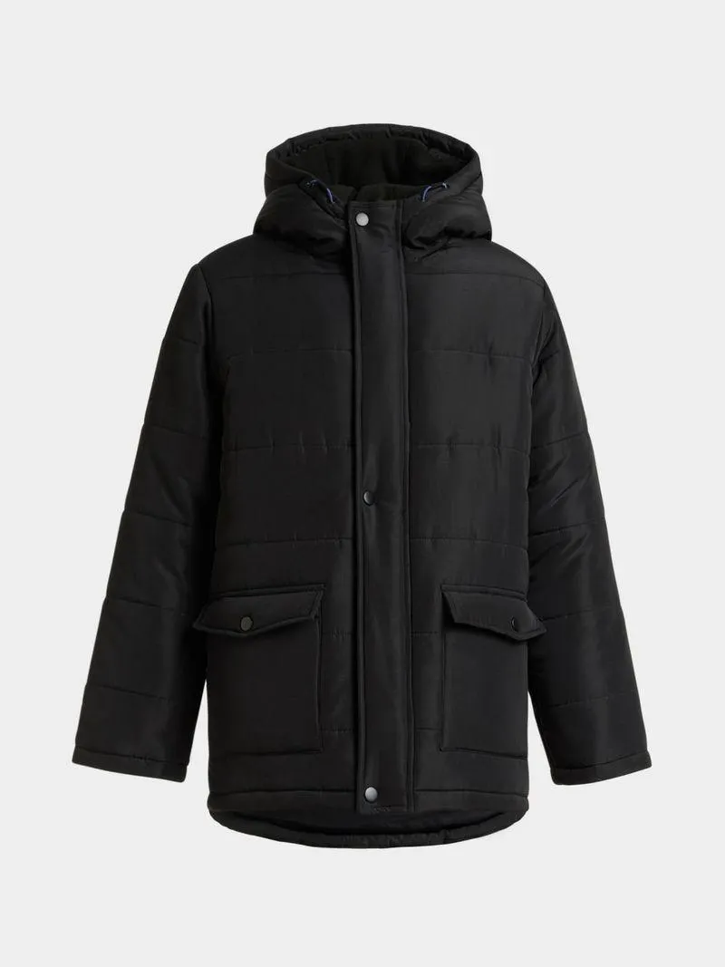 Older Boy's Black Long Puffer Jacket
