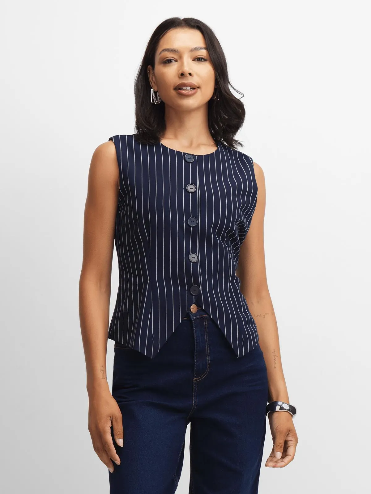 Jet Women's Navy Striped Waist Coat