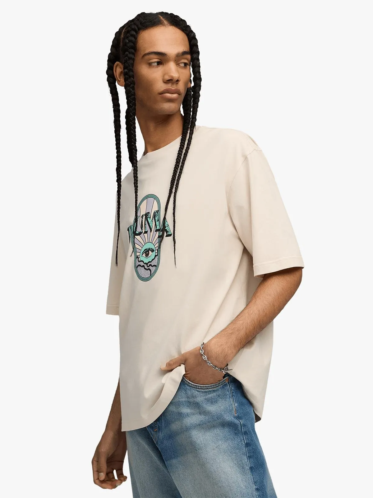 Puma Men's Grpahic Fest Boxy Ecru T-Shirt