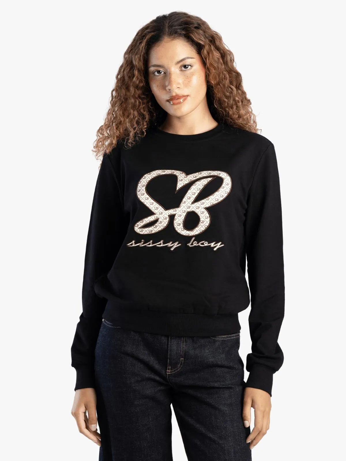 Women's Sissy Boy Black Satin Embroidered Logo Sweat Top