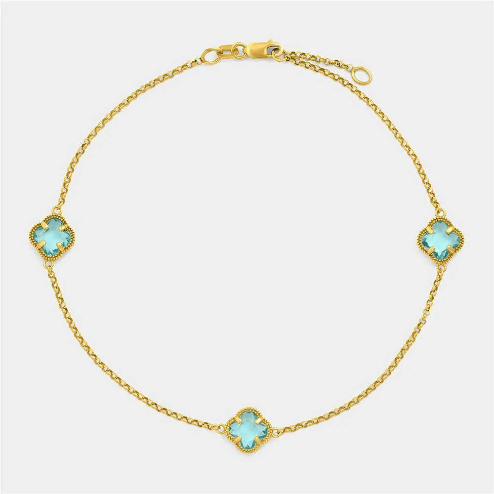 Yellow Gold & Sterling Silver Blue Cubic Zirconia Flower Anklet