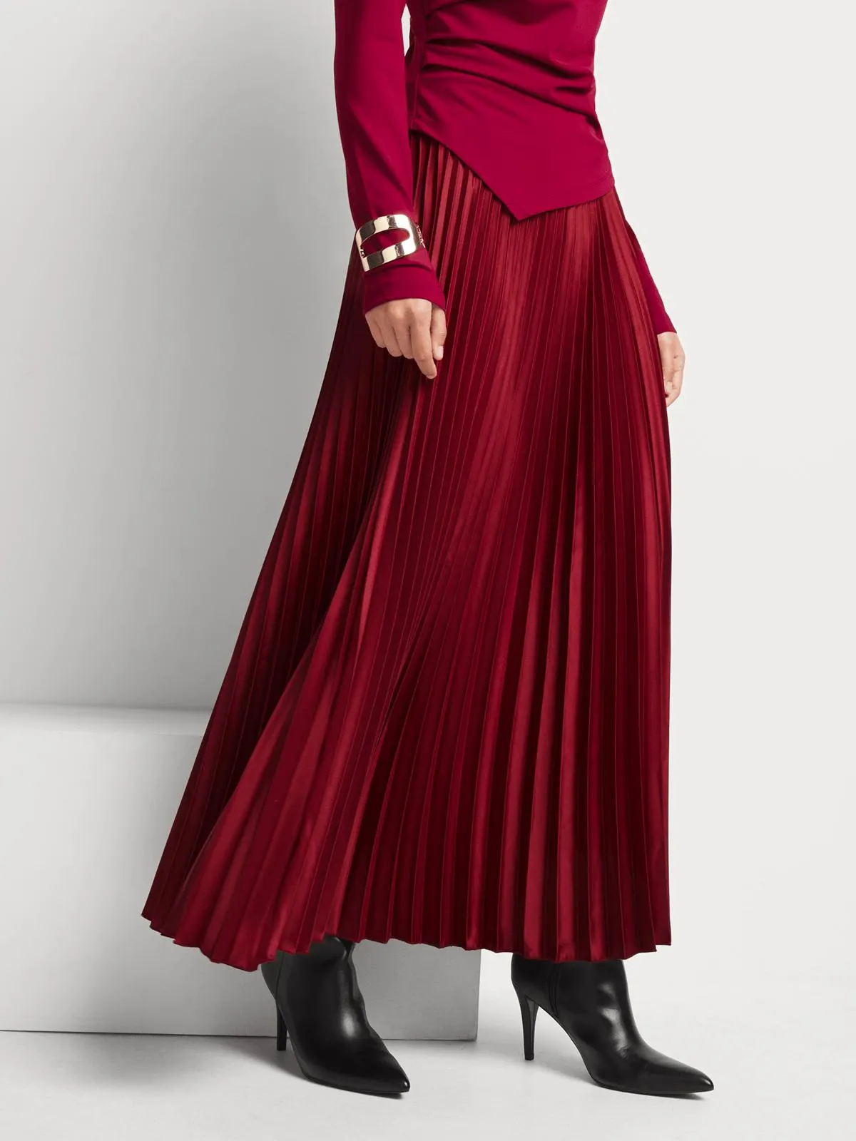 Pleated Satin Maxi Skirt