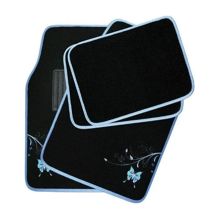 Autogear 4 Piece Car Mat Set Front & Rear Black Blue Butterfly