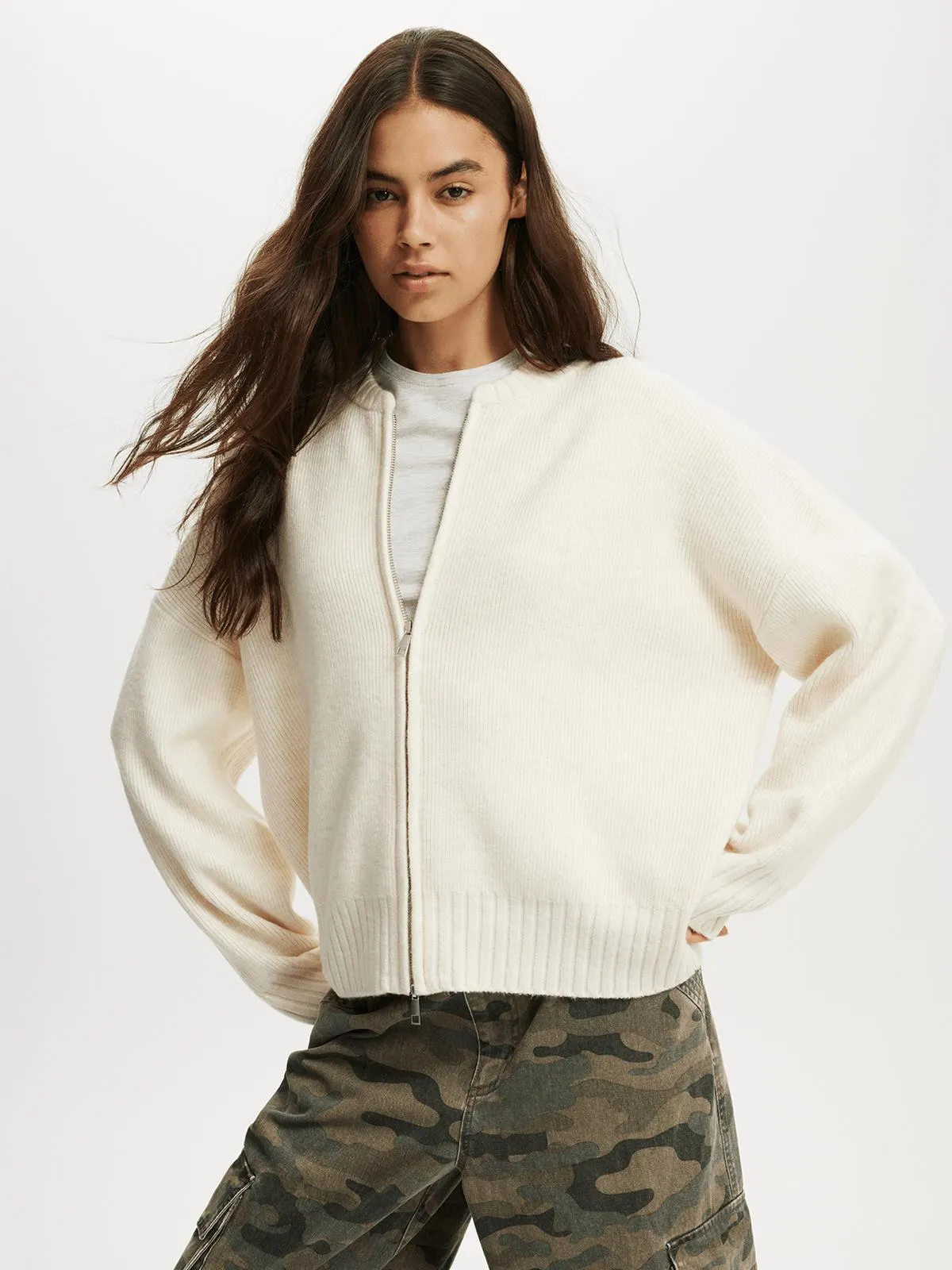 Women's Cotton On White Luxe Zip Through Knit Bomber