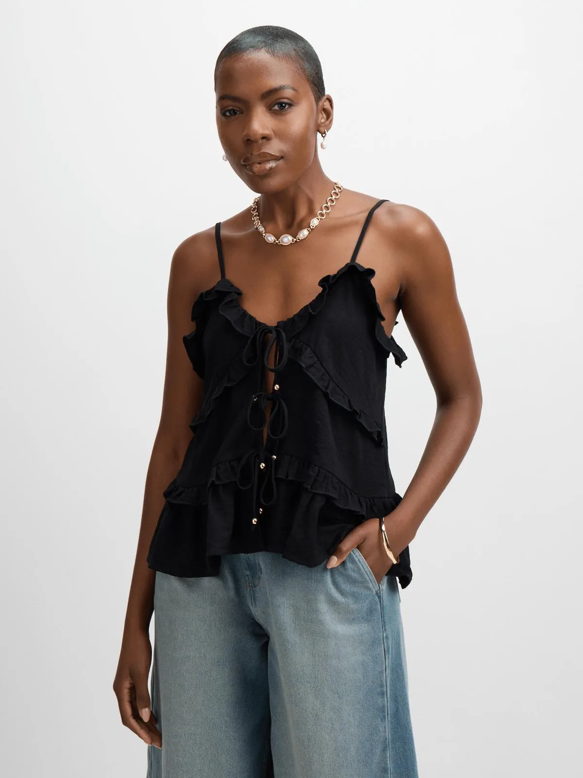 Jet Women Black Frill Strappy Tie Top