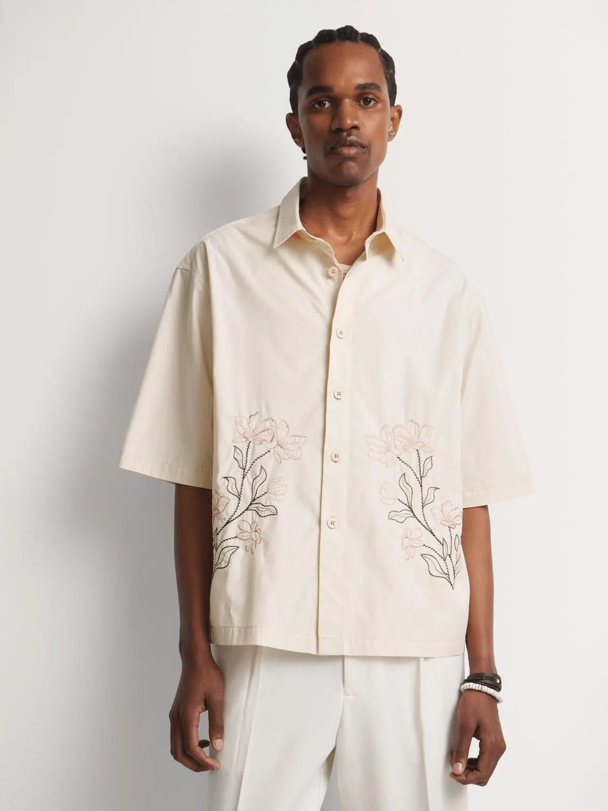 Markham Men's Cropped Boxy Embroidery Ecru Shirt