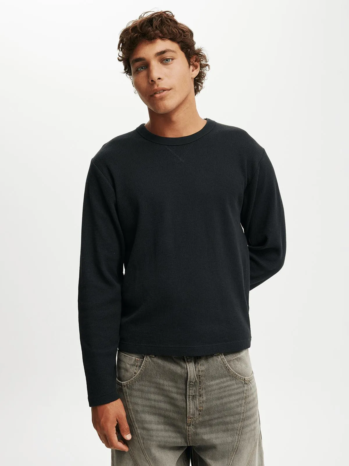 Men's Cotton On Black Cropped Fit Textured Long Sleeve T-Shirt