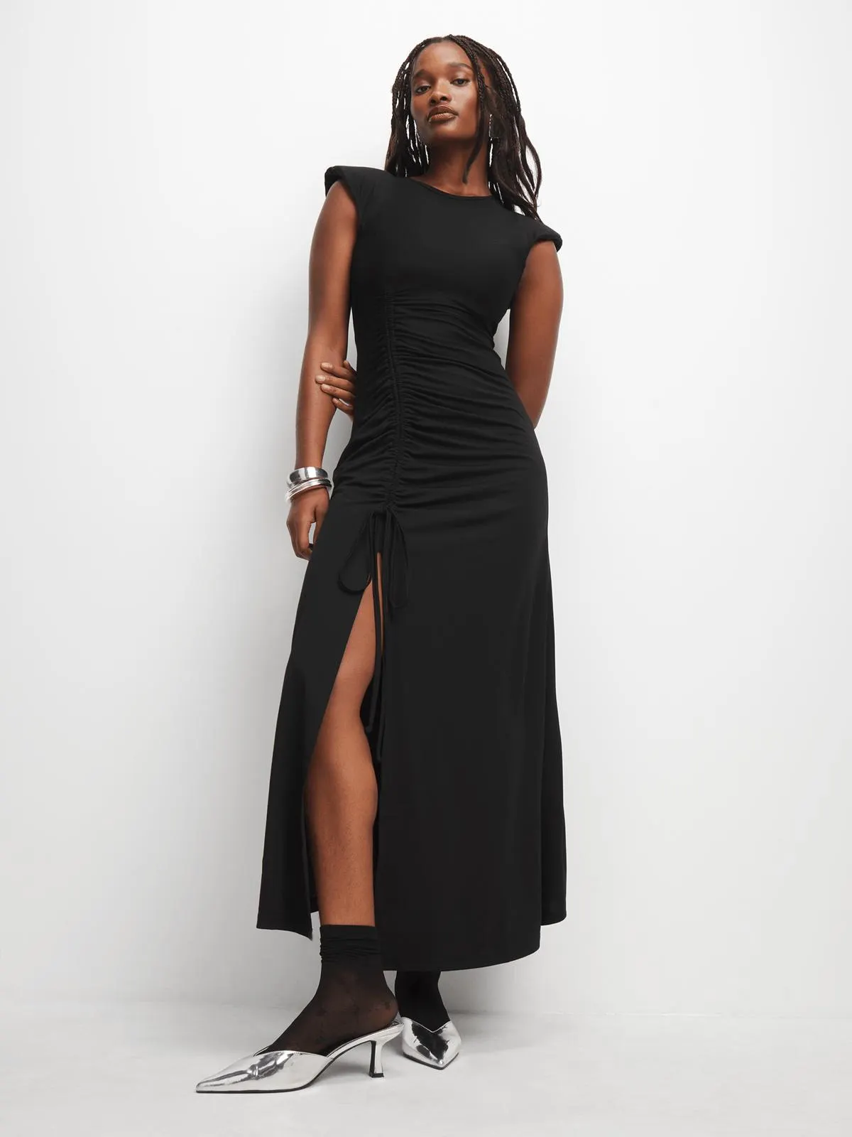 Women's Black Ruched Slit Maxi Dress