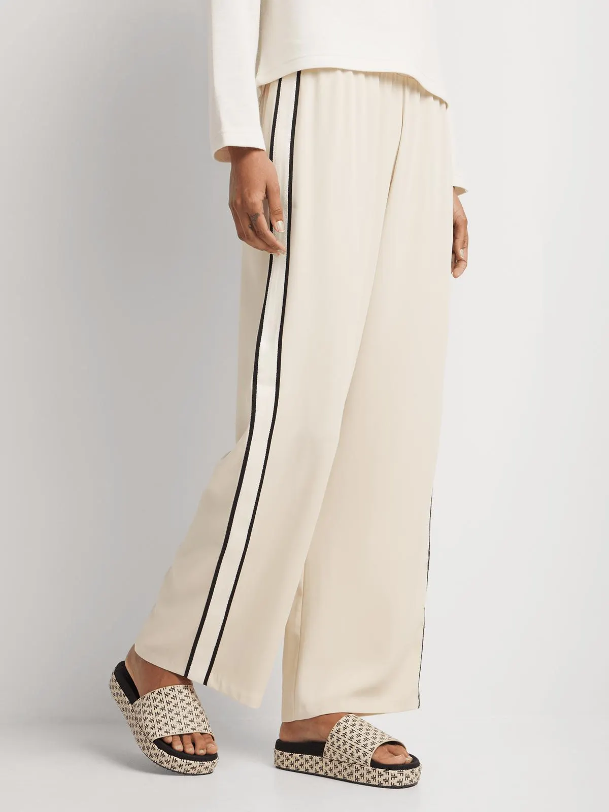 Elasticated Waist Side Stripe Wide Leg Pants
