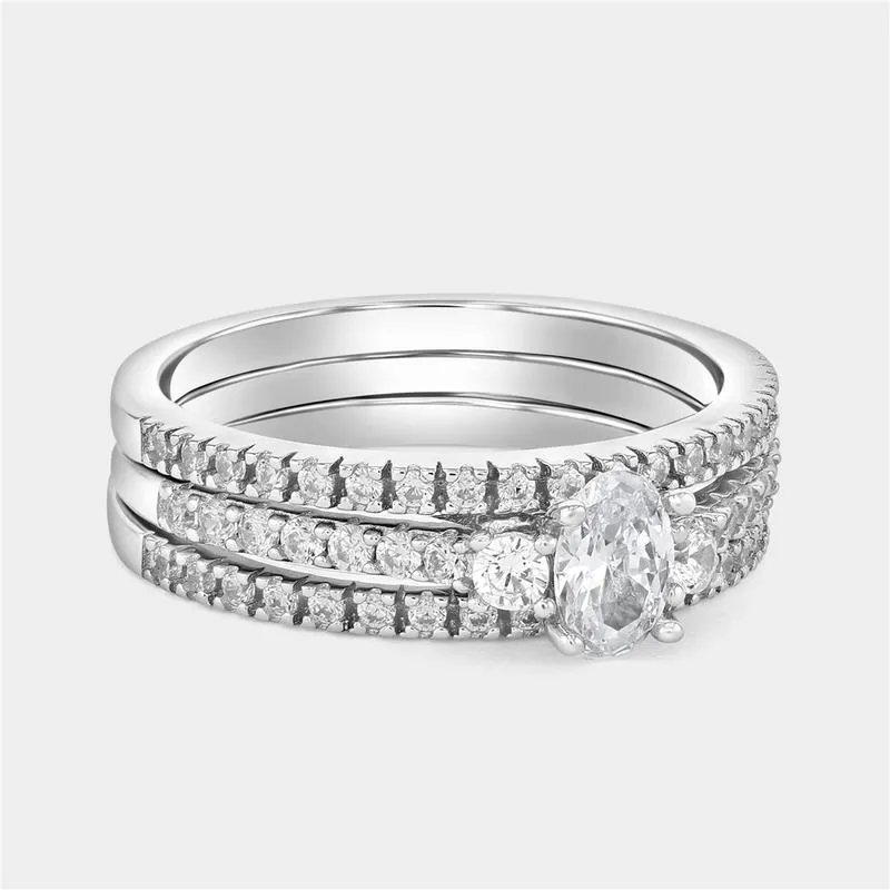Sterling Silver Cubic Zirconia Oval Trilogy Triple Set Ring