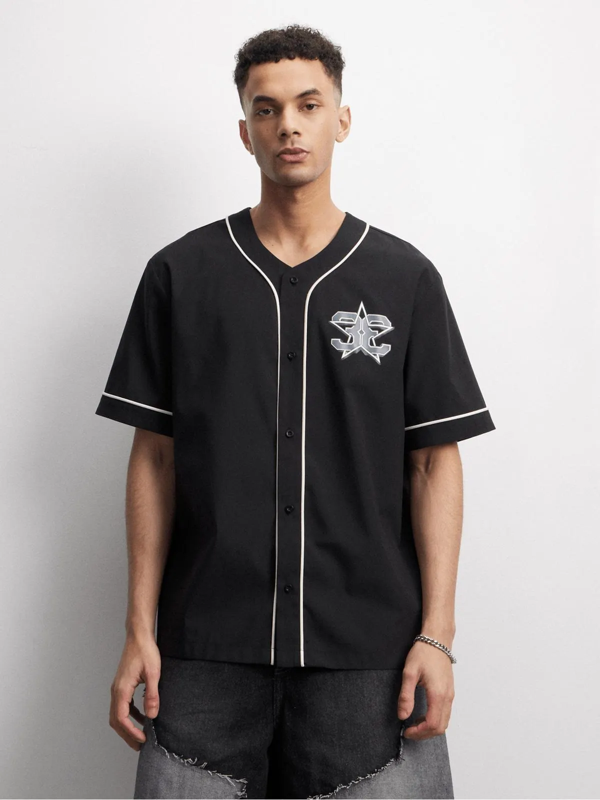 The FIX Men's Black Co-Ord Baseball Graphic Shirt