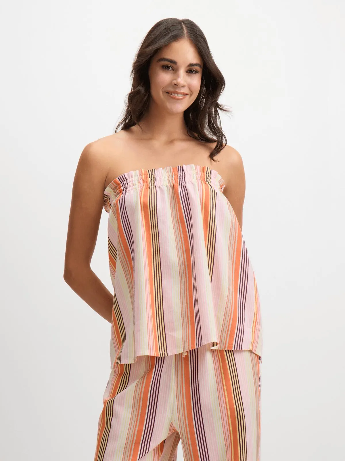 Exact Women's Pink & Orange Striped Strapless Top