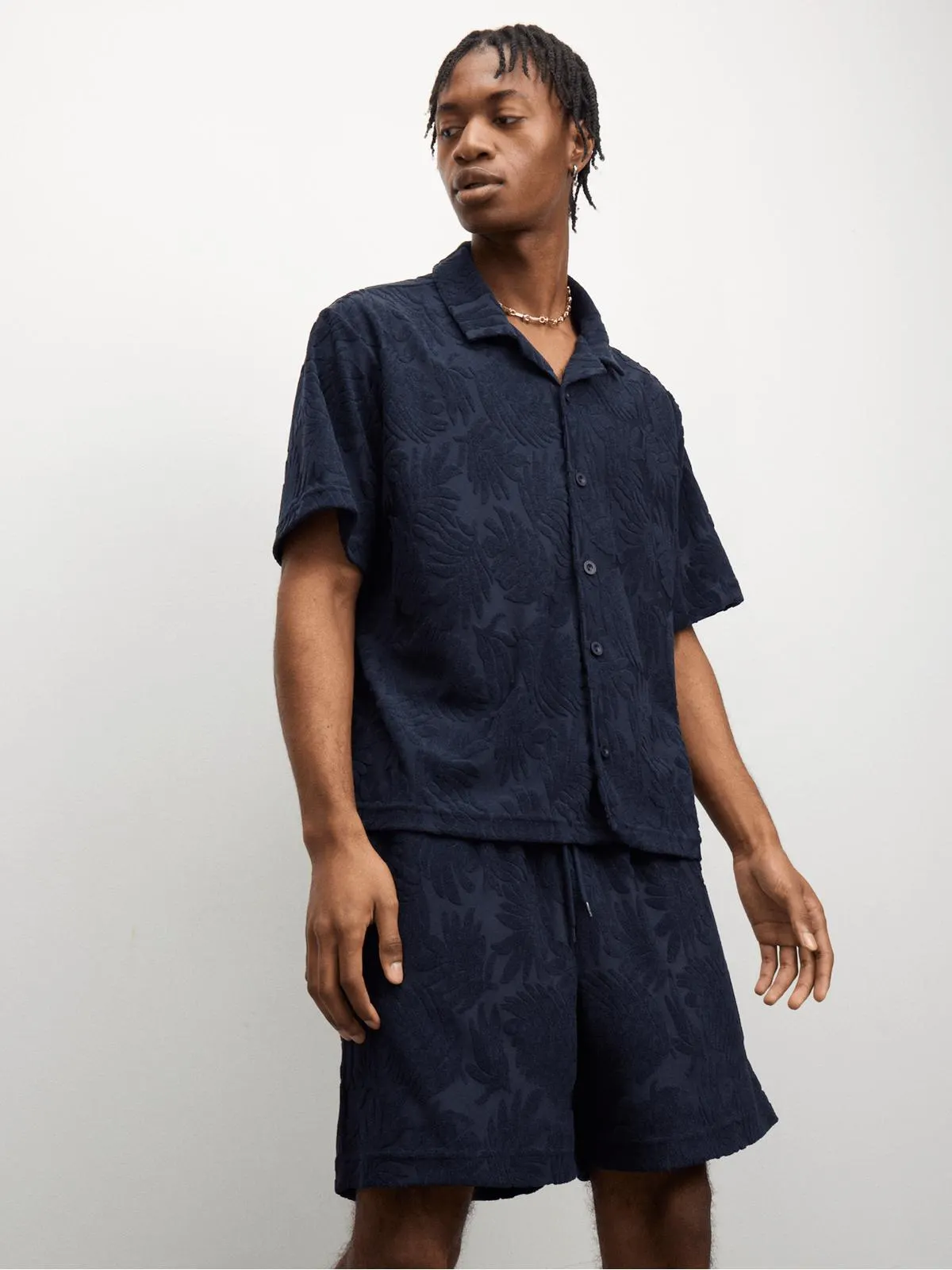 The FIX Men's Navy Co-ord Towelling Palm Burnout Shorts