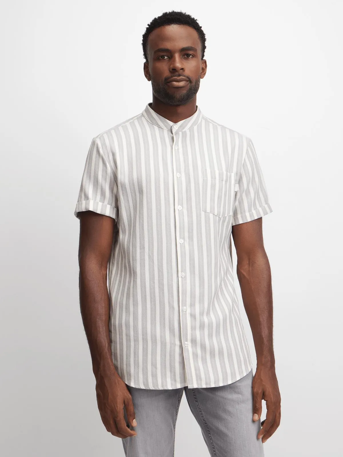 Jet Men's Grey/Cream Striped Mandarin Shirt