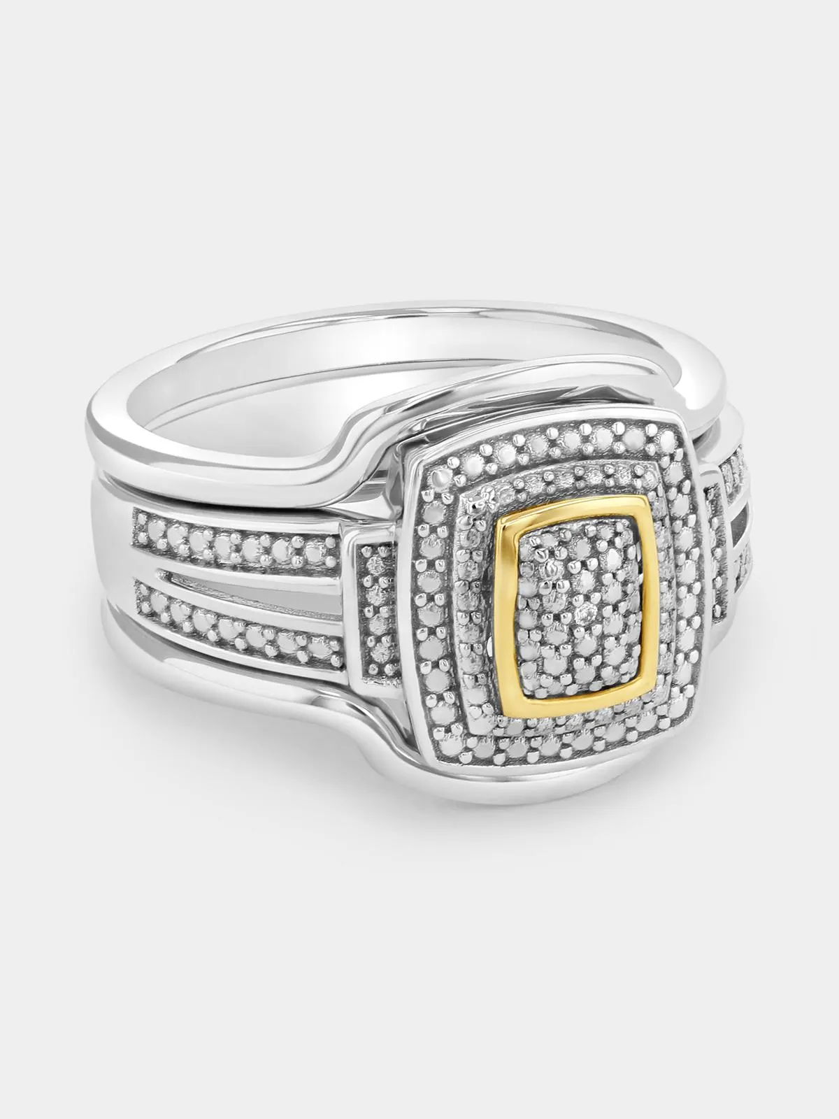 Yellow Gold & Sterling Silver White Sapphire Rectangle Triple Set Ring