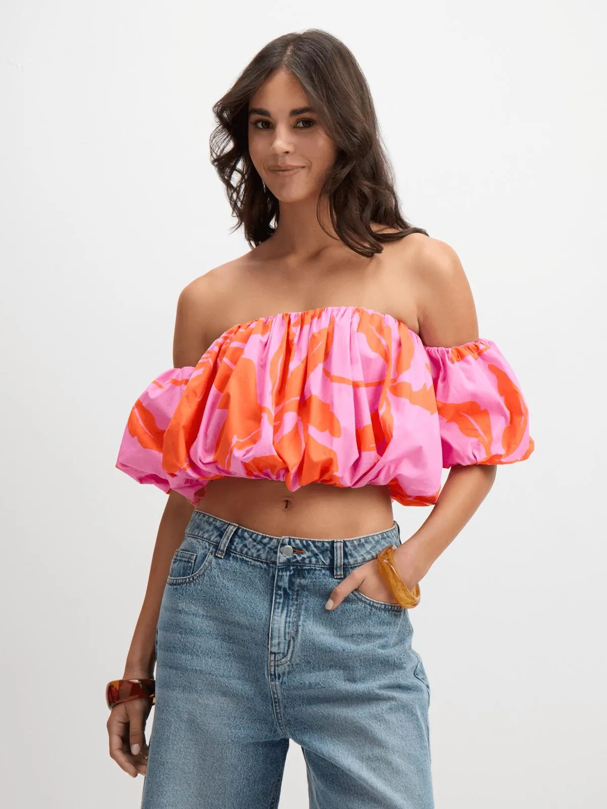 Exact Women's Pink & Orange Balloon Sleeve Top