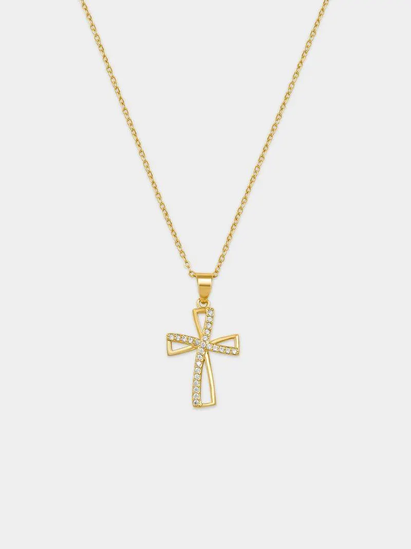 Gold Plated Sterling Silver Cubic Zirconia Open Cross Pendant