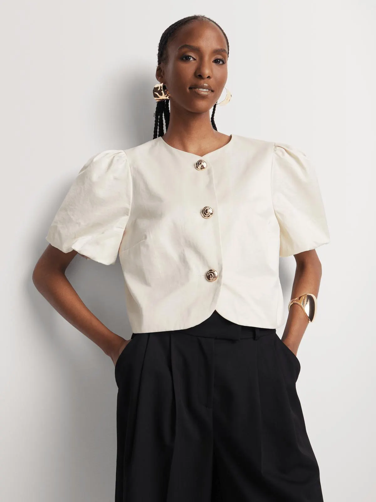 Button Through Puff Sleeve Shell Top