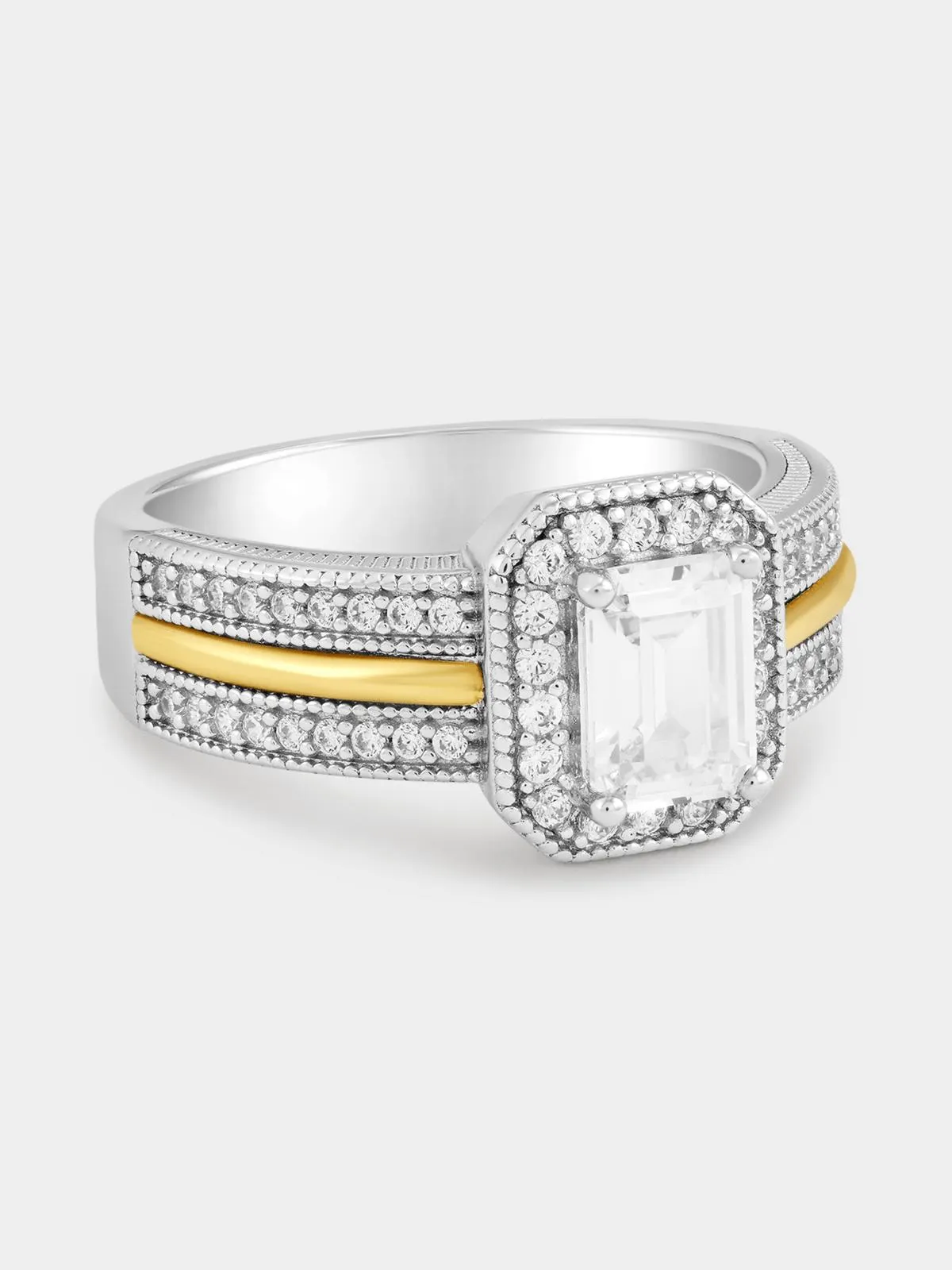 Yellow Gold & Sterling Silver Cubic Zirconia Emerald Halo Ring