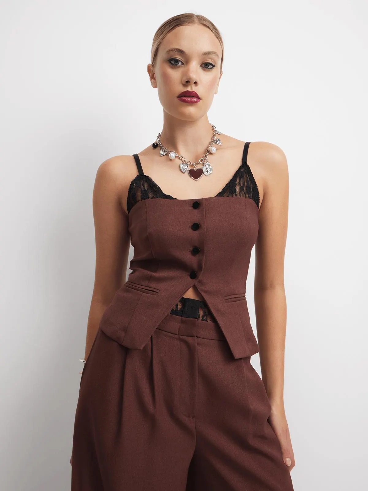 Women's Brown Co-Ord Waistcoat With Lace Peep Out