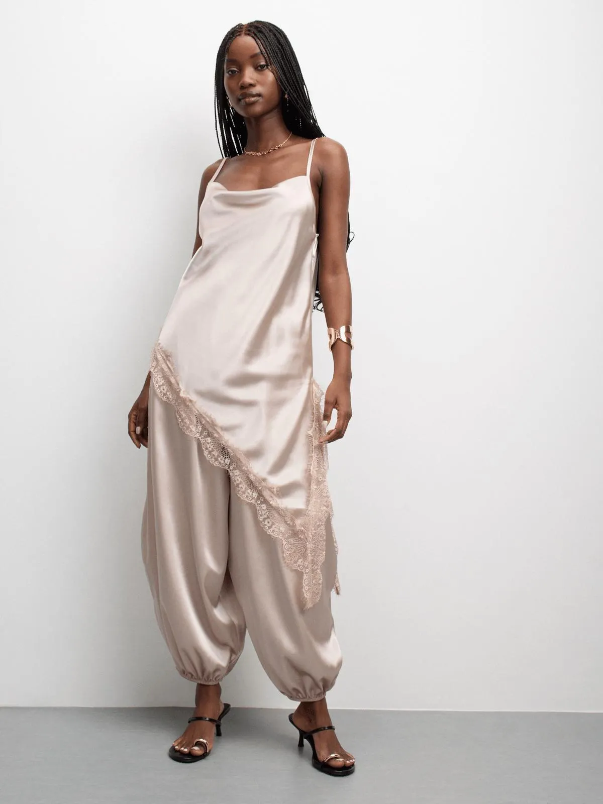 The FIX Women's Champagne Satin Asymmetrical Cami With Lace