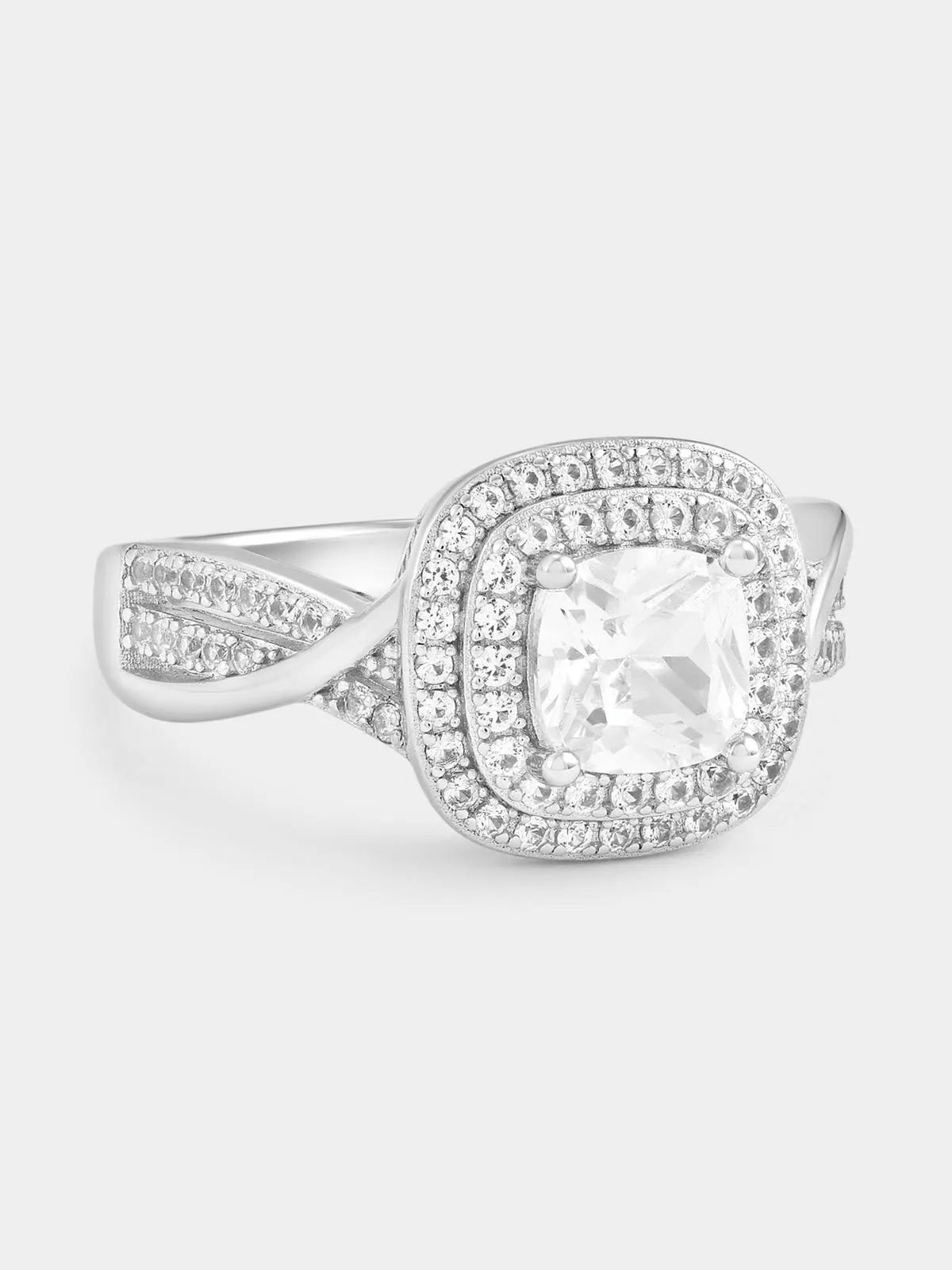 Sterling Silver White Sapphire Cushion Double Halo Twist Ring