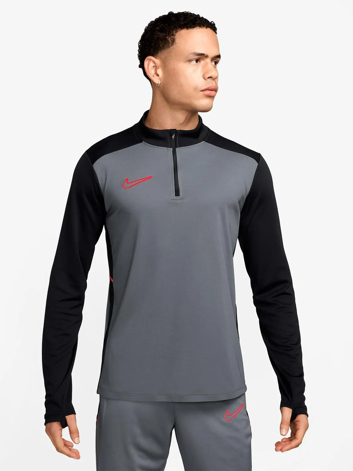 Nike Mens Dri-Fit Academy25 1/4 Zip Grey/Black/Crimson Drill Top